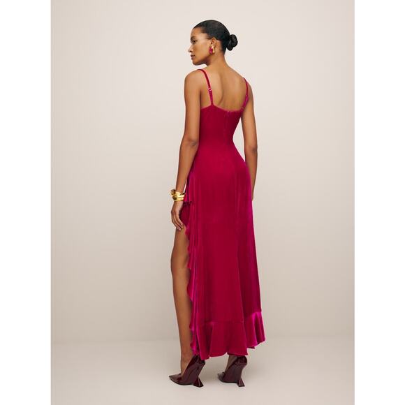 Reformation Winola Maxi Dress Size Small Rhubarb Red Velvet Ruffle Wedding - Picture 15 of 15